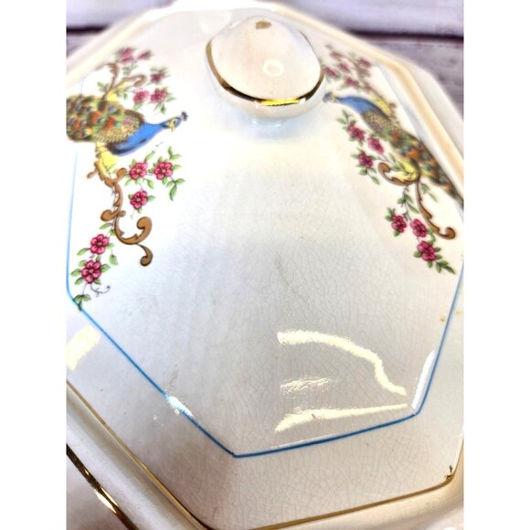 Vintage Octagonal Ceramic Tureen With Lid & Handles Peacock & Floral Motif White - Picture 9 of 13